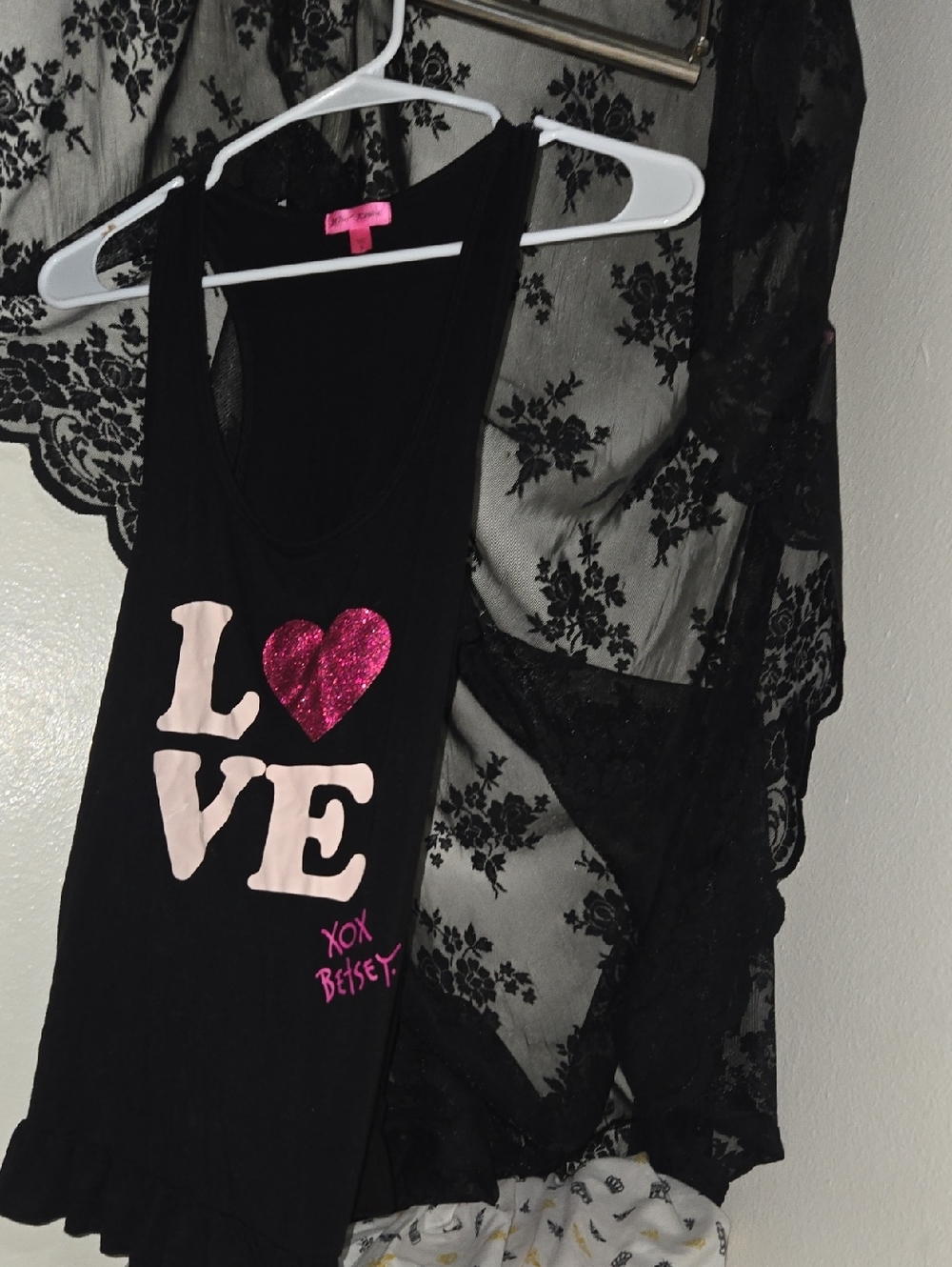 Betsey Johnson Black Tank with Pink Glitter Heart and Pale Pink LOVE Letters